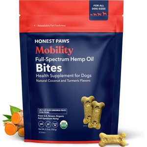 Honest Paws Full-Spectrum Hemp Oil Bites Mobility Blend Tumeric Flavored Joint Chew Supplement for Dogs, 30 count