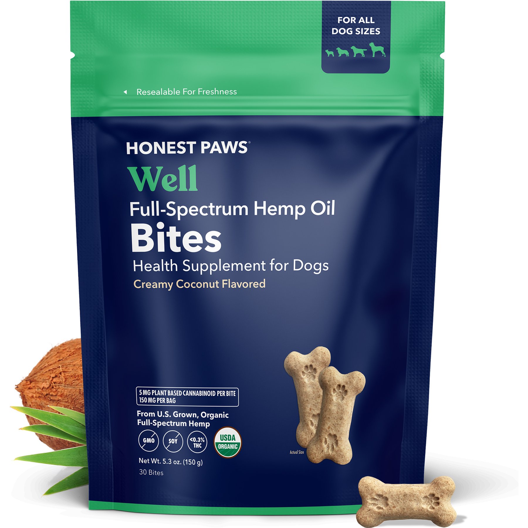 Honest Paws Full-Spectrum Hemp Oil Bites Well Blend Creamy Coconut Flavored Immune Chew Supplement for Dogs, 30 count
