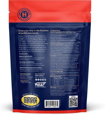 Show full view: Honest Paws Full-Spectrum Hemp Oil Soft Chews Mobility Blend Chicken Flavored Joint Supplement for Dogs, 30 count slide 6 of 9