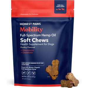 Honest Paws Full-Spectrum Hemp Oil Soft Chews Mobility Blend Chicken Flavored Joint Supplement for Dogs, 30 count
