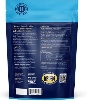 Show full view: Honest Paws Full-Spectrum Hemp Oil Bites Peanut Butter Flavored Calming Chew Supplement for Dogs, 30 count slide 6 of 10