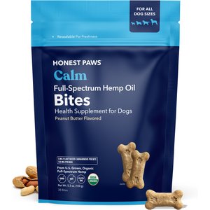 Honest Paws Full-Spectrum Hemp Oil Bites Peanut Butter Flavored Calming Chew Supplement for Dogs, 30 count