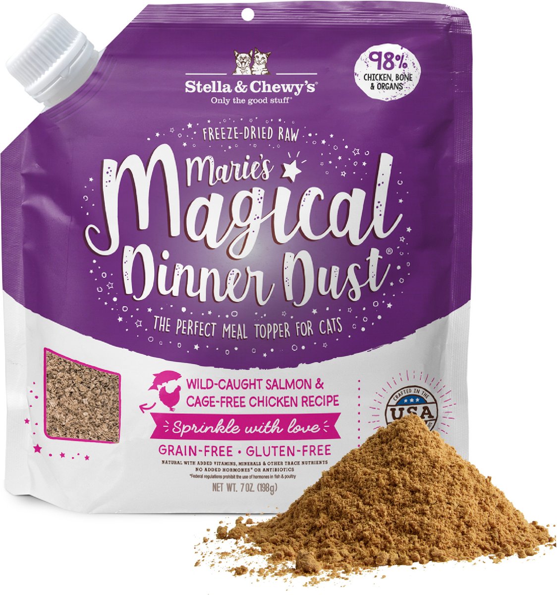 Stella & Chewy's Marie's Magical Dinner Dust Wild Caught Salmon & Cage Free Chicken Recipe Freeze-Dried Raw Cat Food Topper, 7-oz bag