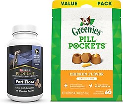 Purina Pro Plan Veterinary Diets FortiFlora Probiotic Gastrointestinal Support Chewable Supplement + Greenies Pill Pockets Canine Chicken Flavor Dog Treats