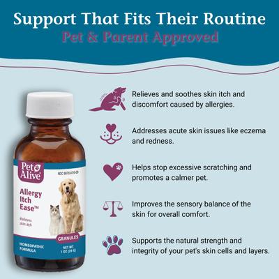 Show full view: PetAlive Allergy Itch Ease Granules Skin Itch & Allergies Supplement for Dogs & Cats, 1-oz jar slide 4 of 10