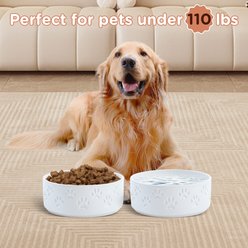 SpunkyJunky Ceramic Non-Slip Paw Print Dog Bowls, 2 count, White, 7.6 cup slide 2 of 6