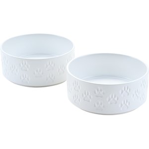 SpunkyJunky Ceramic Non-Slip Paw Print Dog Bowls, 2 count, White, 7.6 cup