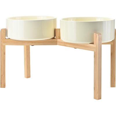 SpunkyJunky SpunkyJunky Ceramic & Bamboo Non-Slip Elevated Dog Bowls, 2 count, Beige, 7.6 cup