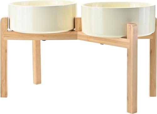 SPUNKYJUNKY Ceramic & Bamboo Non-Slip Elevated Dog Bowls, 2 count, Beige, 7.6 cup - Chewy.com