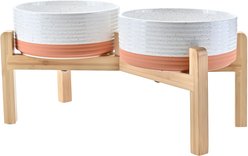 SpunkyJunky Ceramic & Bamboo Non-Slip Elevated Dog Bowls, 2 count, Pattern White, 5.3 cup