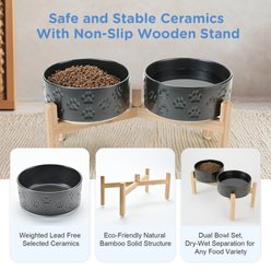 SpunkyJunky Ceramic & Bamboo Non-Slip Elevated Dog Bowls, 2 count, Paw Black, 5.3 cup slide 2 of 7