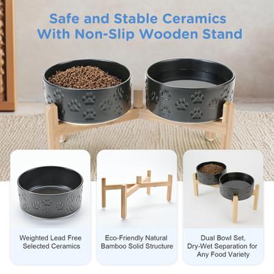 Show full view: SpunkyJunky Ceramic & Bamboo Non-Slip Elevated Dog Bowls, 2 count, Paw Black, 5.3 cup slide 5 of 7