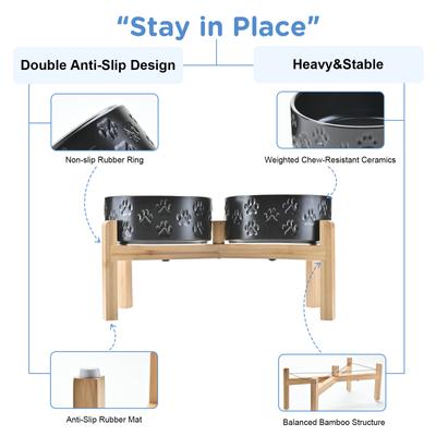 Show full view: SpunkyJunky Ceramic & Bamboo Non-Slip Elevated Dog Bowls, 2 count, Paw Black, 5.3 cup slide 4 of 7