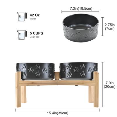 Show full view: SpunkyJunky Ceramic & Bamboo Non-Slip Elevated Dog Bowls, 2 count, Paw Black, 5.3 cup slide 2 of 7