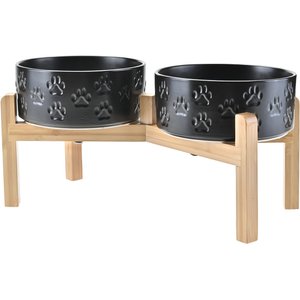 SpunkyJunky Ceramic & Bamboo Non-Slip Elevated Dog Bowls, 2 count, Paw Black, 5.3 cup