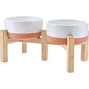 SpunkyJunky Ceramic & Bamboo Non-Slip Elevated Dog Bowls, 2 count, Pattern White, 3.6 cup