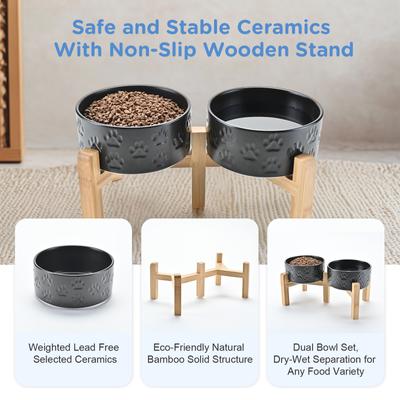 Show full view: SpunkyJunky Ceramic & Bamboo Non-Slip Elevated Dog Bowls, 2 count, Paw Black, 3.6 cup slide 6 of 8