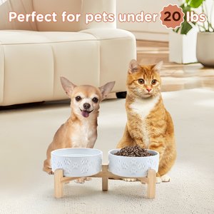 SpunkyJunky Ceramic & Bamboo Non-Slip Elevated Dog Bowls, 2 count, Paw White, 1.7 cup