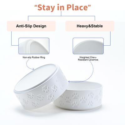 Show full view: SpunkyJunky Ceramic Non-Slip Paw Print Dog Bowls, 2 count, White, 7.6 cup slide 5 of 7