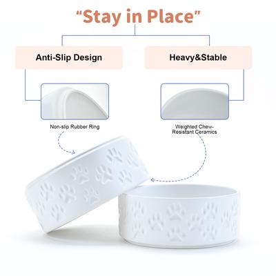 Show full view: SpunkyJunky Ceramic Non-Slip Paw Print Dog Bowls, 2 count, White, 5.3 cup slide 4 of 6