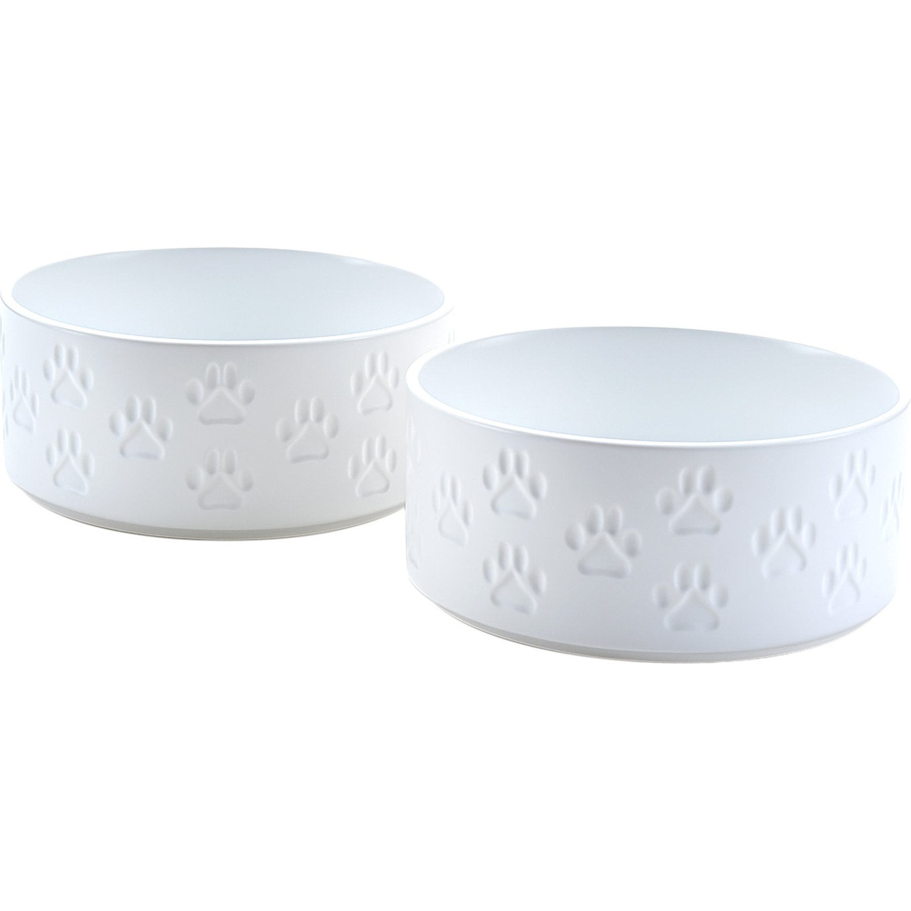 SpunkyJunky Ceramic Non-Slip Paw Print Dog Bowls, 2 count, White, 3.6 cup