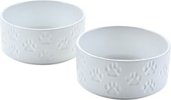 SpunkyJunky Ceramic Non-Slip Paw Print Dog Bowls, 2 count, White, 1.7 cup