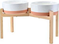 SpunkyJunky Ceramic & Bamboo Non-Slip Elevated Dog Bowls, 2 count, Pattern White, 7.6 cup