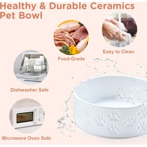 SpunkyJunky Ceramic & Bamboo Non-Slip Elevated Dog Bowls, 2 count, Paw White, 1.7 cup