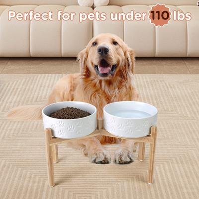 Show full view: SpunkyJunky Ceramic & Bamboo Non-Slip Elevated Dog Bowls, 2 count, Paw White, 7.6 cup slide 8 of 8
