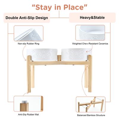 Show full view: SpunkyJunky Ceramic & Bamboo Non-Slip Elevated Dog Bowls, 2 count, Paw White, 7.6 cup slide 5 of 8
