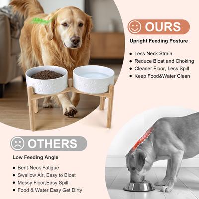 Show full view: SpunkyJunky Ceramic & Bamboo Non-Slip Elevated Dog Bowls, 2 count, Paw White, 7.6 cup slide 4 of 8
