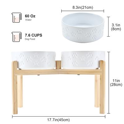 Show full view: SpunkyJunky Ceramic & Bamboo Non-Slip Elevated Dog Bowls, 2 count, Paw White, 7.6 cup slide 3 of 8