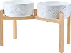 SpunkyJunky Ceramic & Bamboo Non-Slip Elevated Dog Bowls, 2 count, Paw White, 7.6 cup