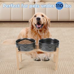 SpunkyJunky Ceramic & Bamboo Non-Slip Elevated Dog Bowls, 2 count, Paw Black, 7.6 cup slide 2 of 7