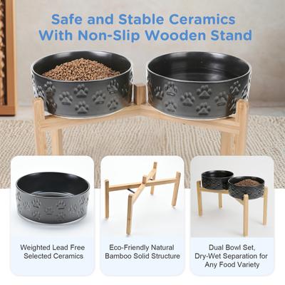 Show full view: SpunkyJunky Ceramic & Bamboo Non-Slip Elevated Dog Bowls, 2 count, Paw Black, 7.6 cup slide 6 of 8