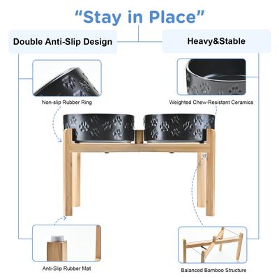 Show full view: SpunkyJunky Ceramic & Bamboo Non-Slip Elevated Dog Bowls, 2 count, Paw Black, 7.6 cup slide 5 of 8