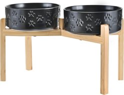 SpunkyJunky Ceramic & Bamboo Non-Slip Elevated Dog Bowls, 2 count, Paw Black, 7.6 cup