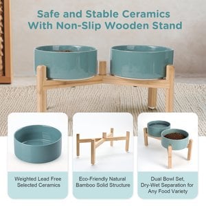 SpunkyJunky Ceramic & Bamboo Non-Slip Elevated Dog Bowls, 2 count, Dark Green, 5.3 cup