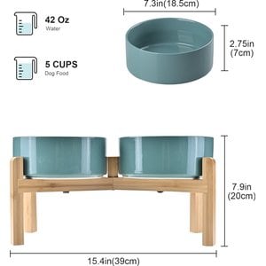 SpunkyJunky Ceramic & Bamboo Non-Slip Elevated Dog Bowls, 2 count, Dark Green, 5.3 cup