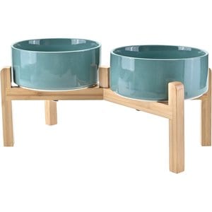 SpunkyJunky Ceramic & Bamboo Non-Slip Elevated Dog Bowls, 2 count, Dark Green, 5.3 cup