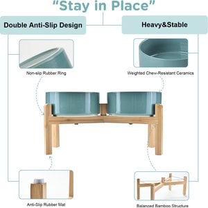 SpunkyJunky Ceramic & Bamboo Non-Slip Elevated Dog Bowls, 2 count, Dark Green, 5.3 cup