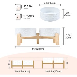 SpunkyJunky Ceramic & Bamboo Non-Slip Elevated Dog Bowls, 2 count, Paw White, 1.7 cup