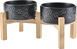 SpunkyJunky Ceramic & Bamboo Non-Slip Elevated Dog Bowls, 2 count, Paw Black, 3.6 cup