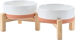 SpunkyJunky Ceramic & Bamboo Non-Slip Elevated Dog Bowls, 2 count, Pattern White, 1.7 cup