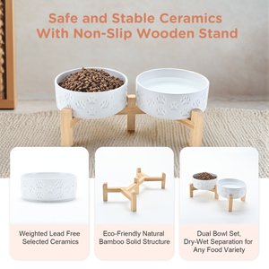SpunkyJunky Ceramic & Bamboo Non-Slip Elevated Dog Bowls, 2 count, Paw White, 1.7 cup