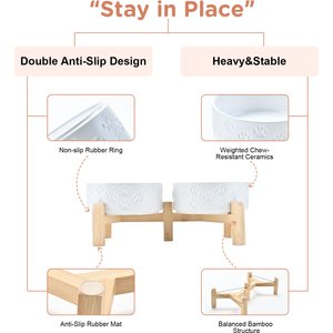 SpunkyJunky Ceramic & Bamboo Non-Slip Elevated Dog Bowls, 2 count, Paw White, 1.7 cup