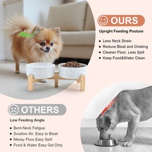 SpunkyJunky Ceramic & Bamboo Non-Slip Elevated Dog Bowls, 2 count, Paw White, 1.7 cup