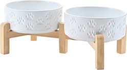 SpunkyJunky Ceramic & Bamboo Non-Slip Elevated Dog Bowls, 2 count, Paw White, 1.7 cup