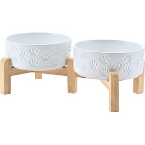 SpunkyJunky Ceramic & Bamboo Non-Slip Elevated Dog Bowls, 2 count, Paw White, 1.7 cup
