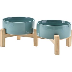 SpunkyJunky Ceramic & Bamboo Non-Slip Elevated Dog Bowls, 2 count, Dark Green, 1.7 cup